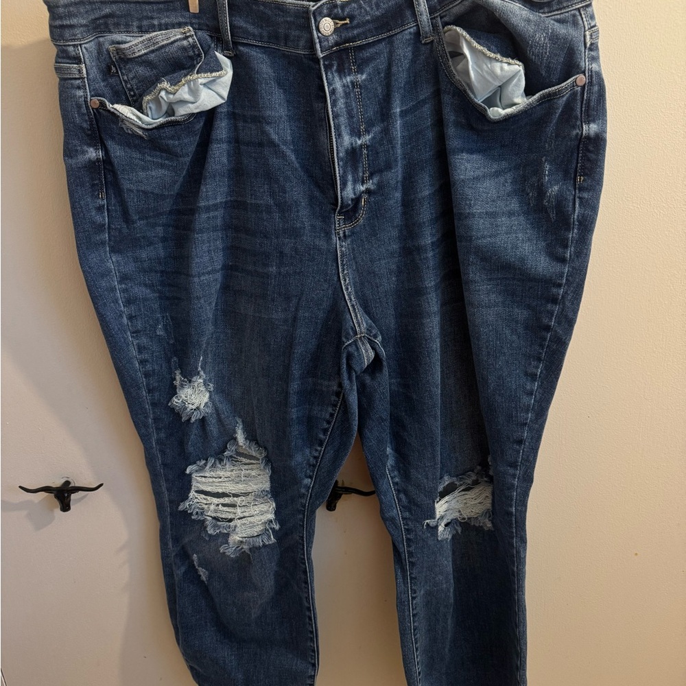 Judy Blue Distressed Boyfriend Jeans - Dark Blue